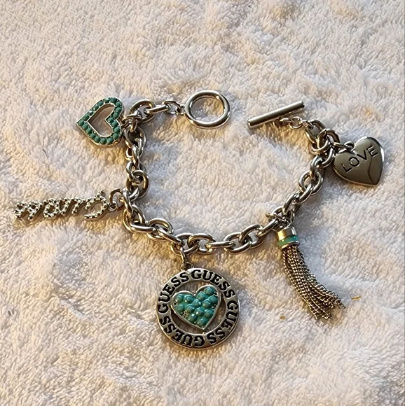 GUESS Silver-Tone Turquoise Heart & Charm Toggle Bracelet - Picture 2 of 11